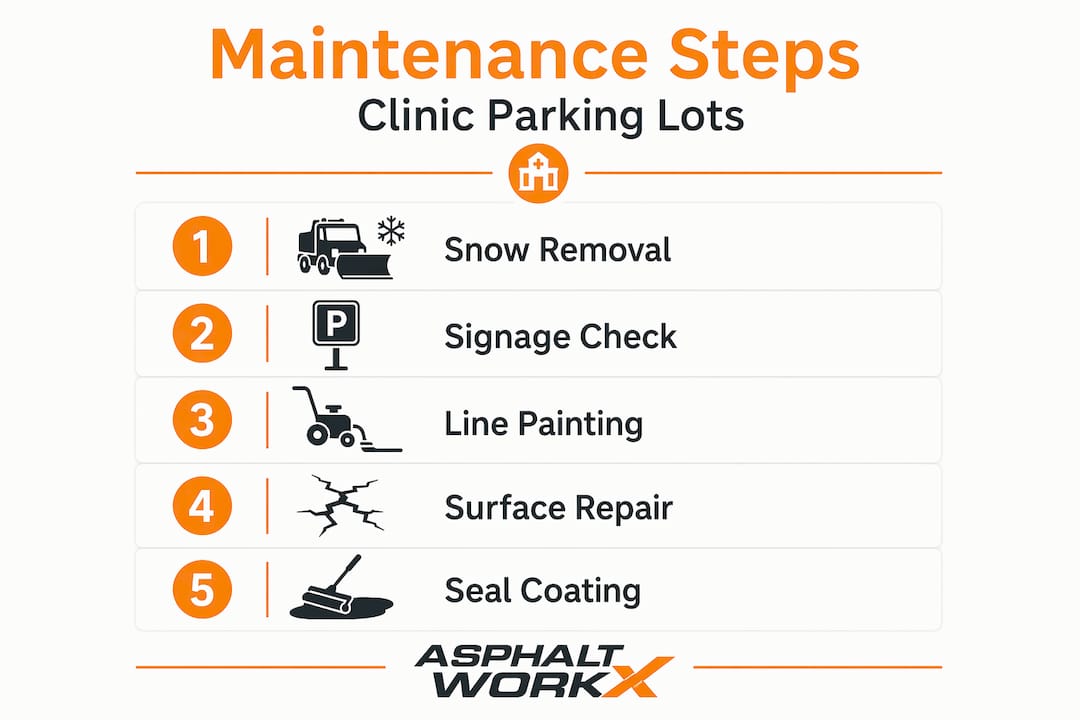 Vertical flow infographic of parking lot maintenance steps