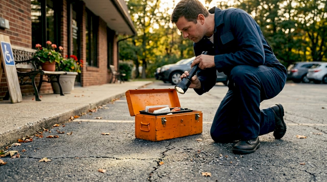 Worker inspecting small crack in parking lot pavement