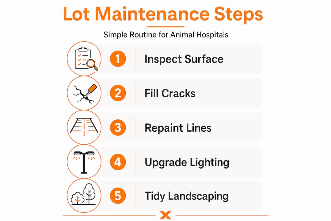 Infographic showing key animal hospital parking lot maintenance steps