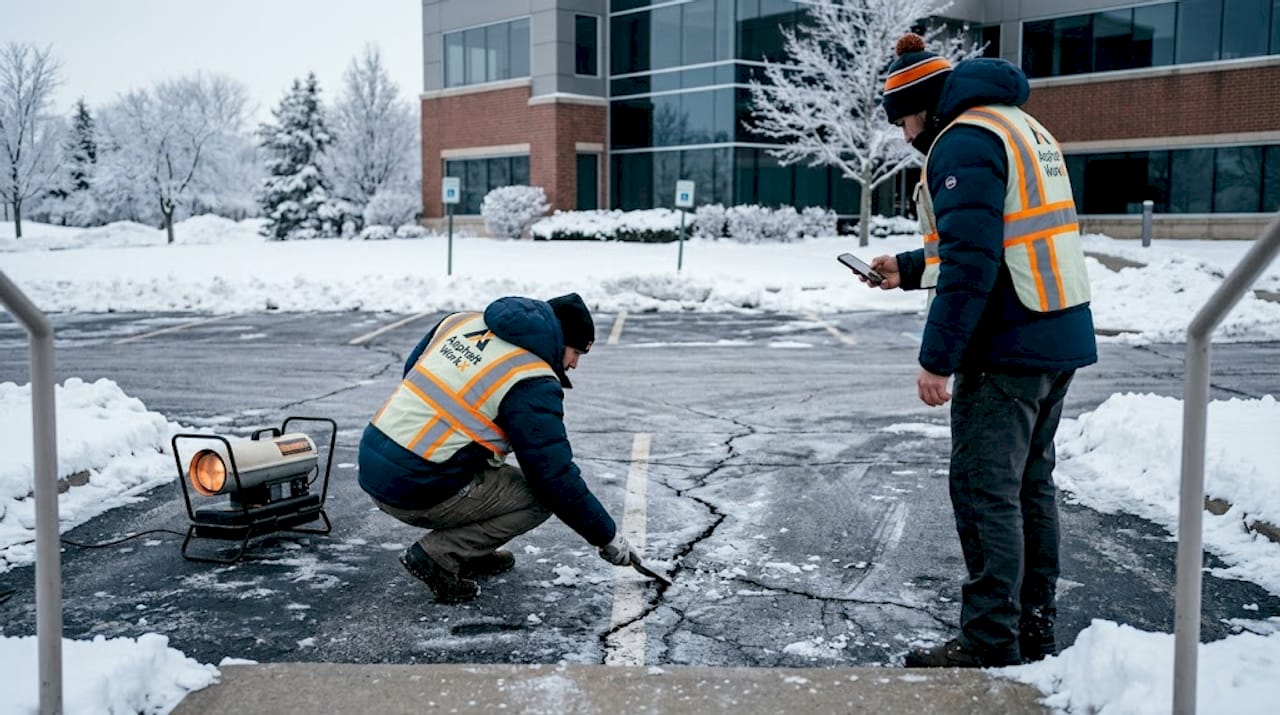 Winter asphalt repair in snowy parking lot