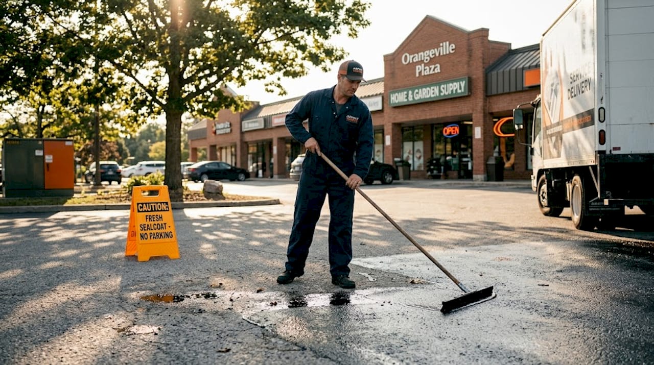 Worker applying parking lot sealcoating in Orangeville