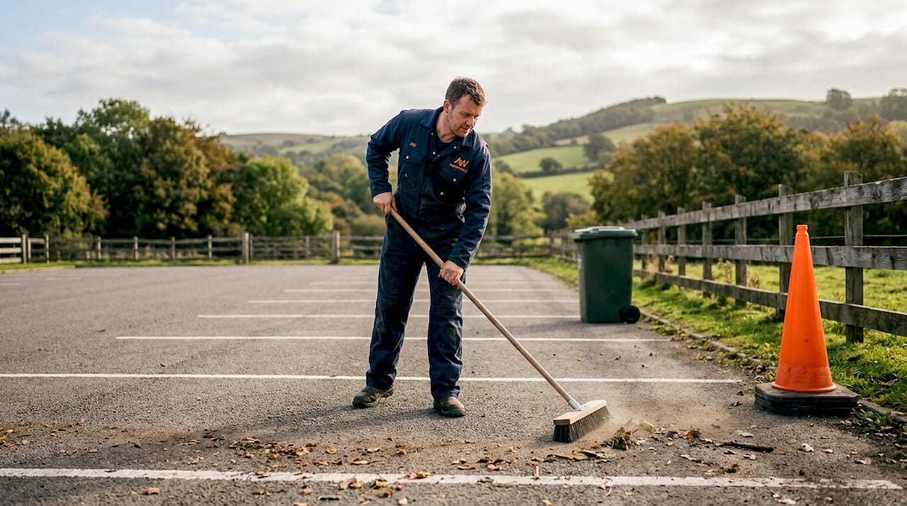 Worker sweeping debris from parking lot surface