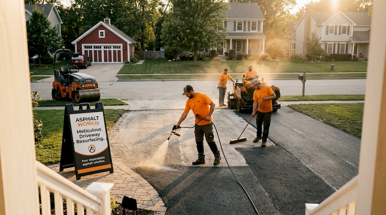 Worker applying tack coat during asphalt resurfacing