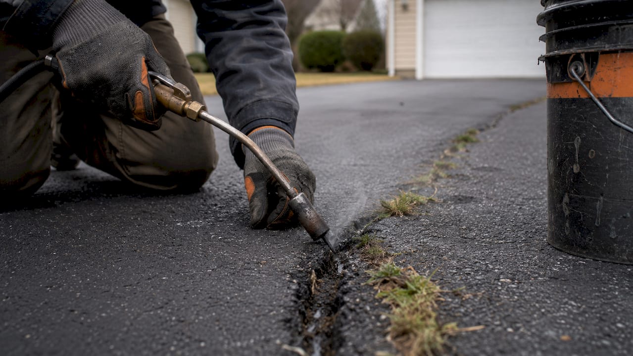 Technician cleaning asphalt crack with heat lance outdoors