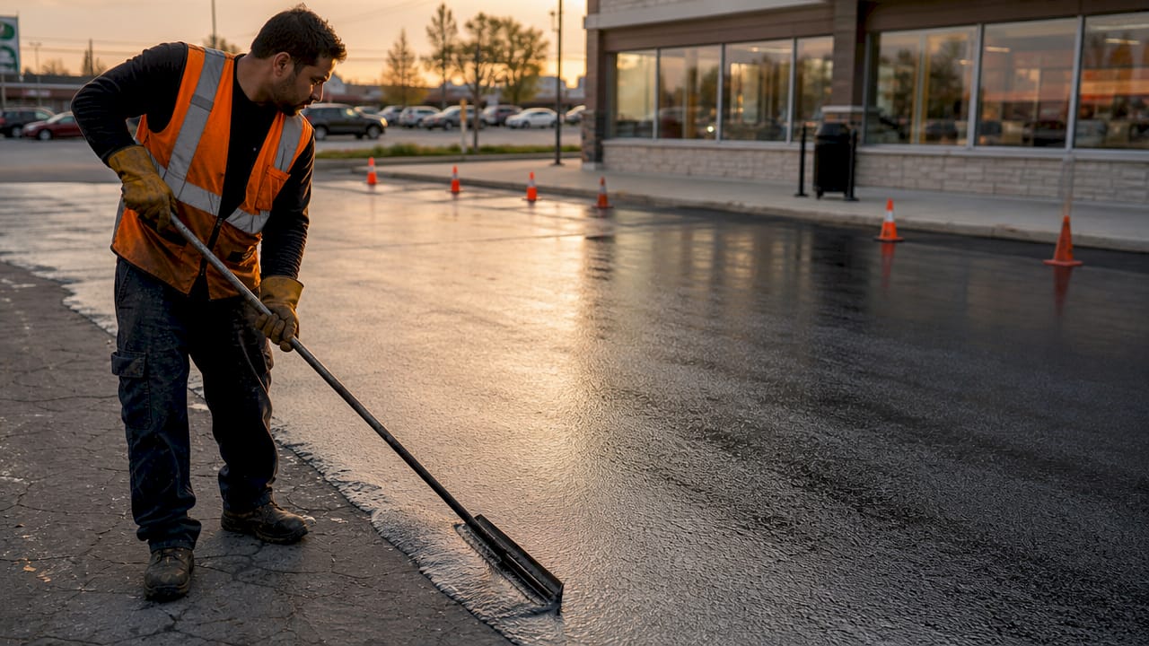 Worker applying sealcoating to apartment parking lot asphalt