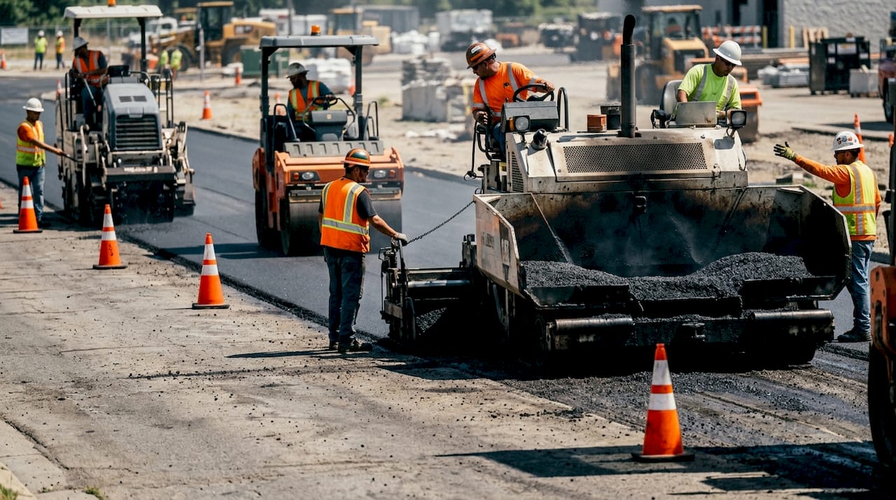 Asphalt paving equipment at work on site