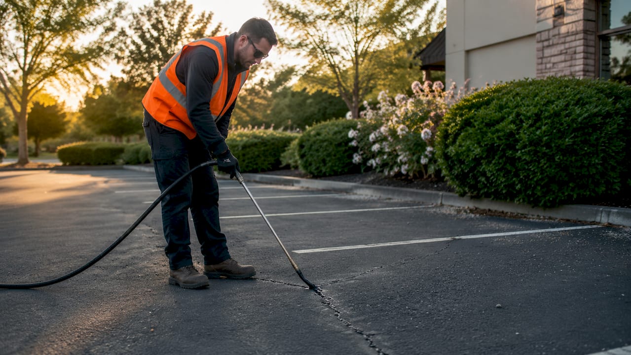 Close-up of crack sealing on parking lot asphalt
