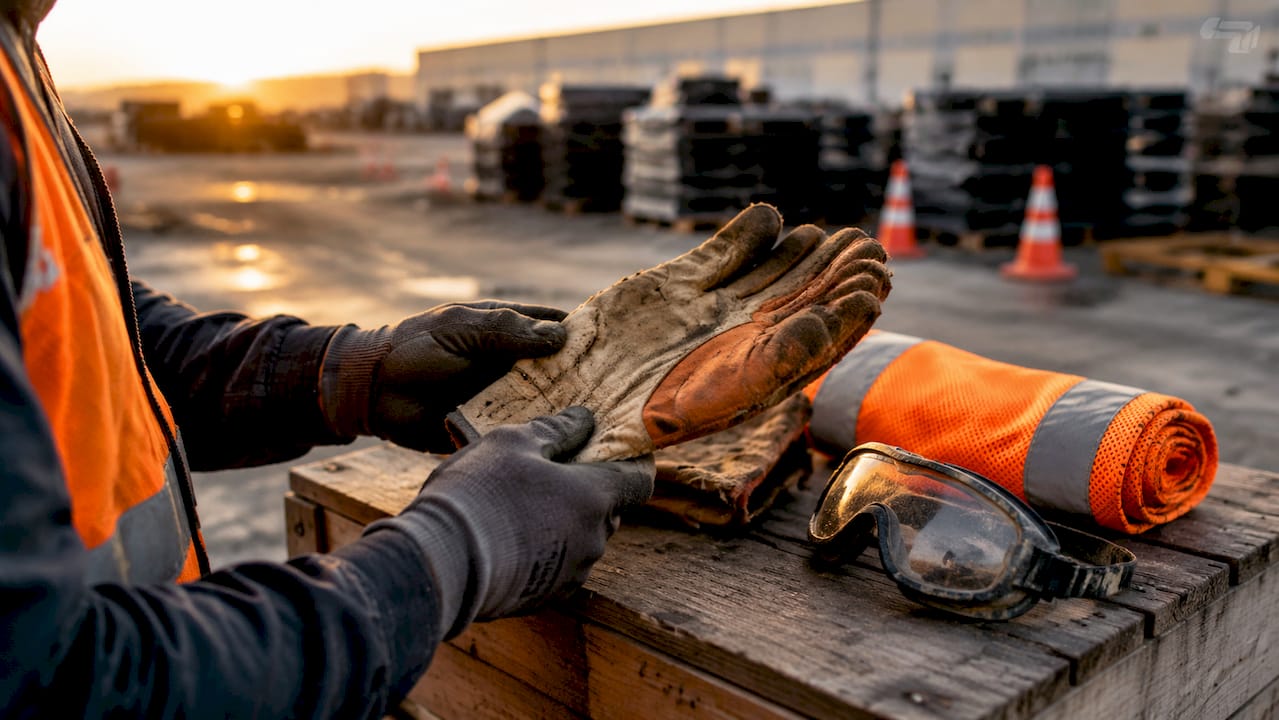 Hands inspecting protective gloves at paving site