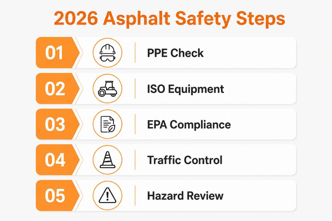Vertical infographic showing 2026 asphalt safety compliance steps
