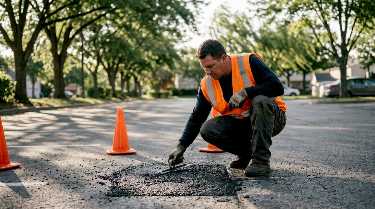 Hands applying asphalt patch to pothole