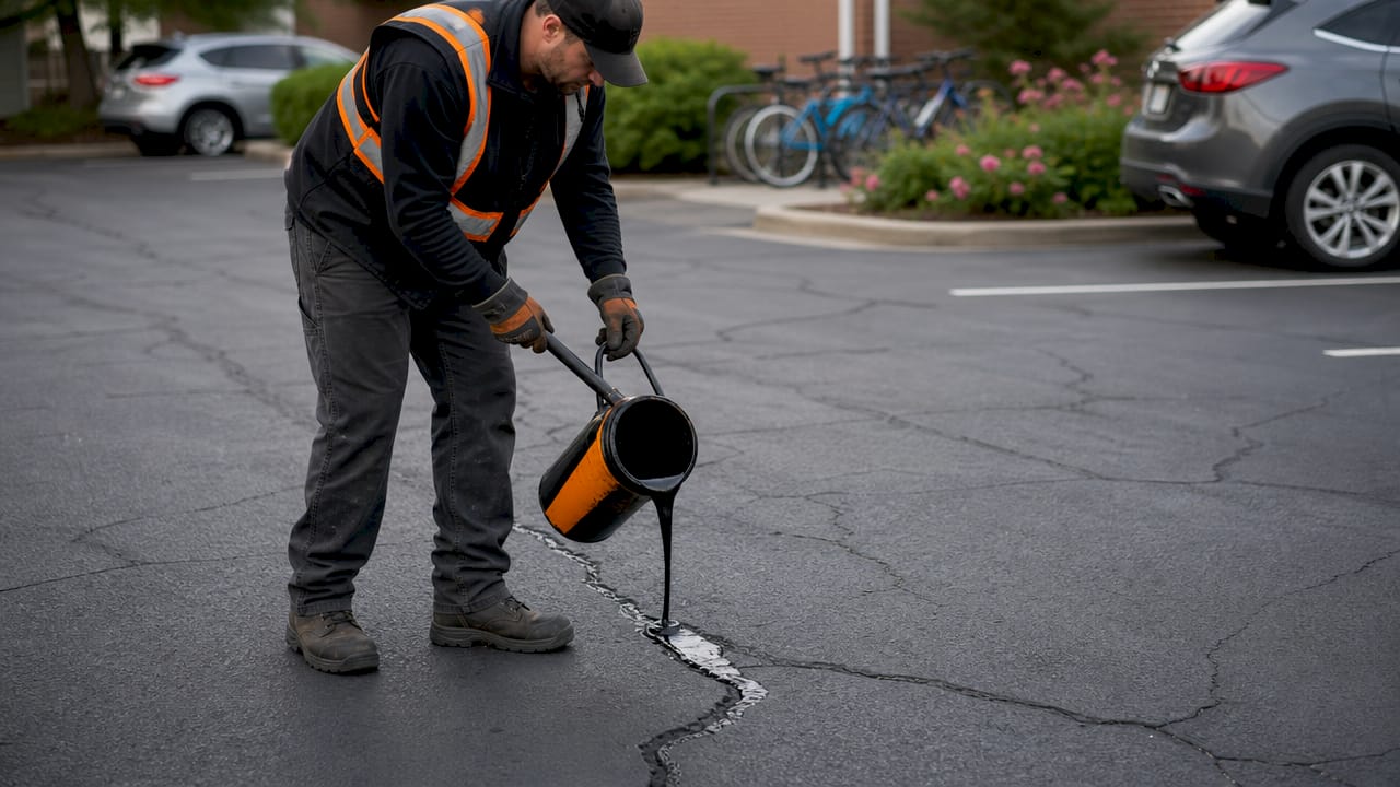Technician sealing asphalt cracks in condo lot