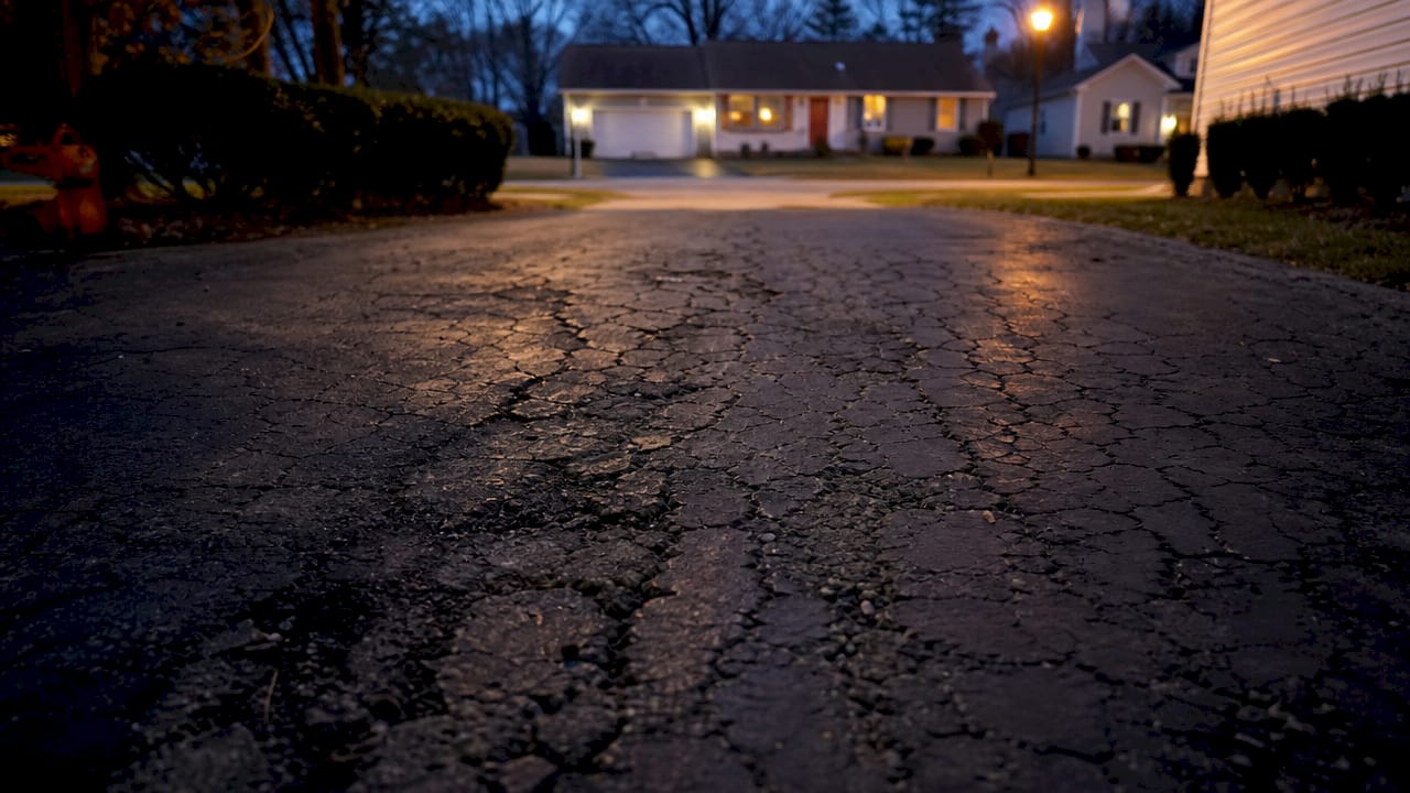 Close-up of cracked asphalt in summer sun