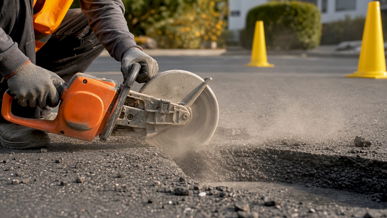 Close-up of asphalt cutting during pothole repair