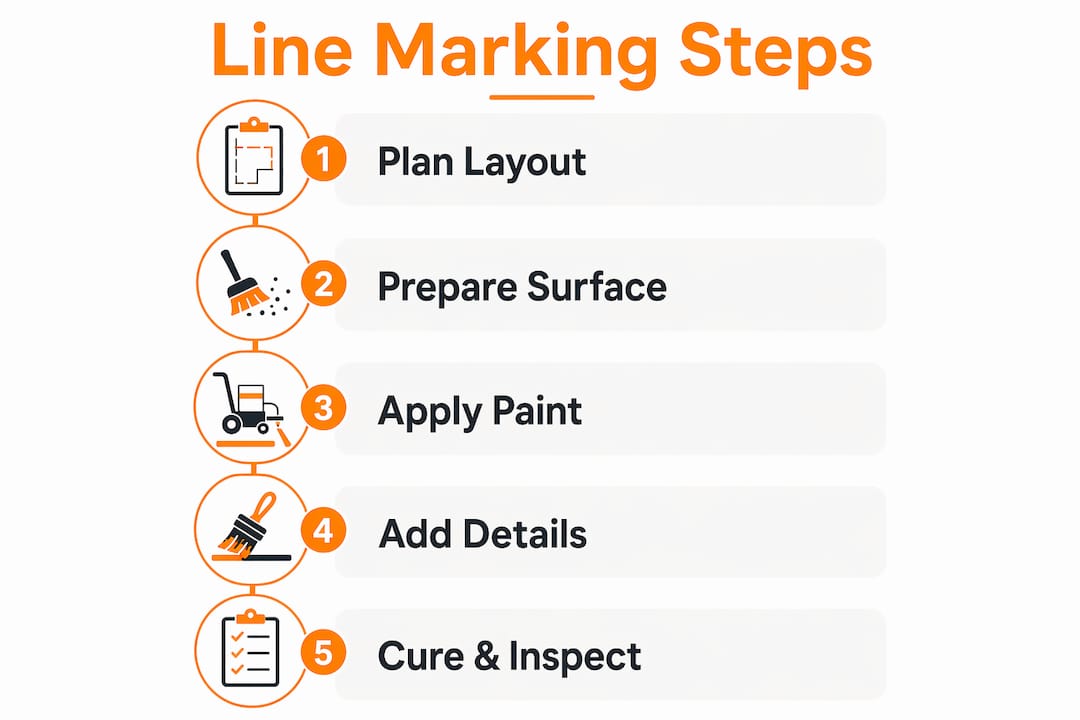 Infographic showing step-by-step parking lot line marking process