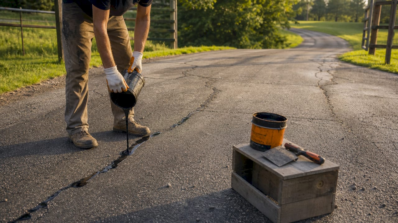 Hands applying crack filler into asphalt cracks