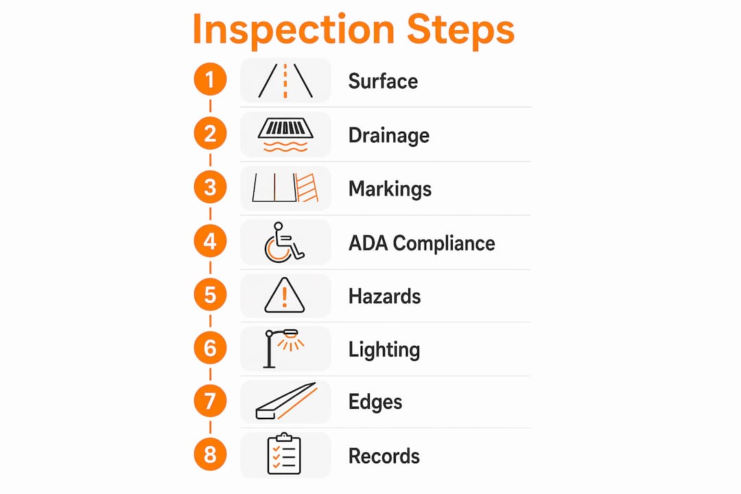 Infographic illustrating asphalt inspection checklist steps