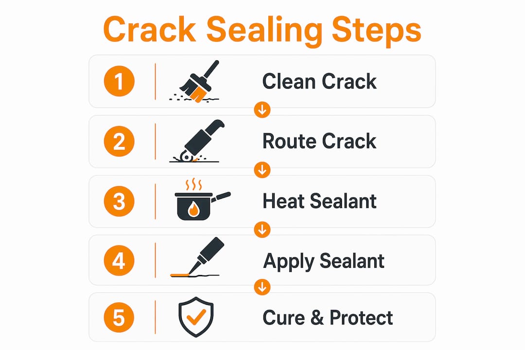 Infographic showing step-by-step pavement crack sealing process