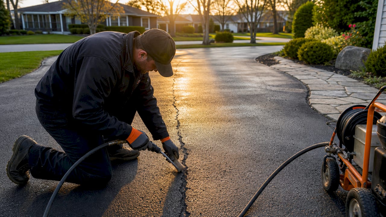 Close-up of hands cleaning pavement crack outdoors