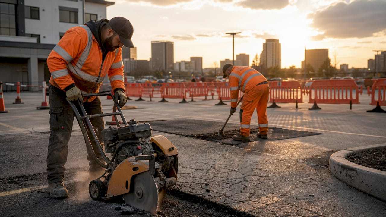 Workers performing full-depth asphalt repair outdoors