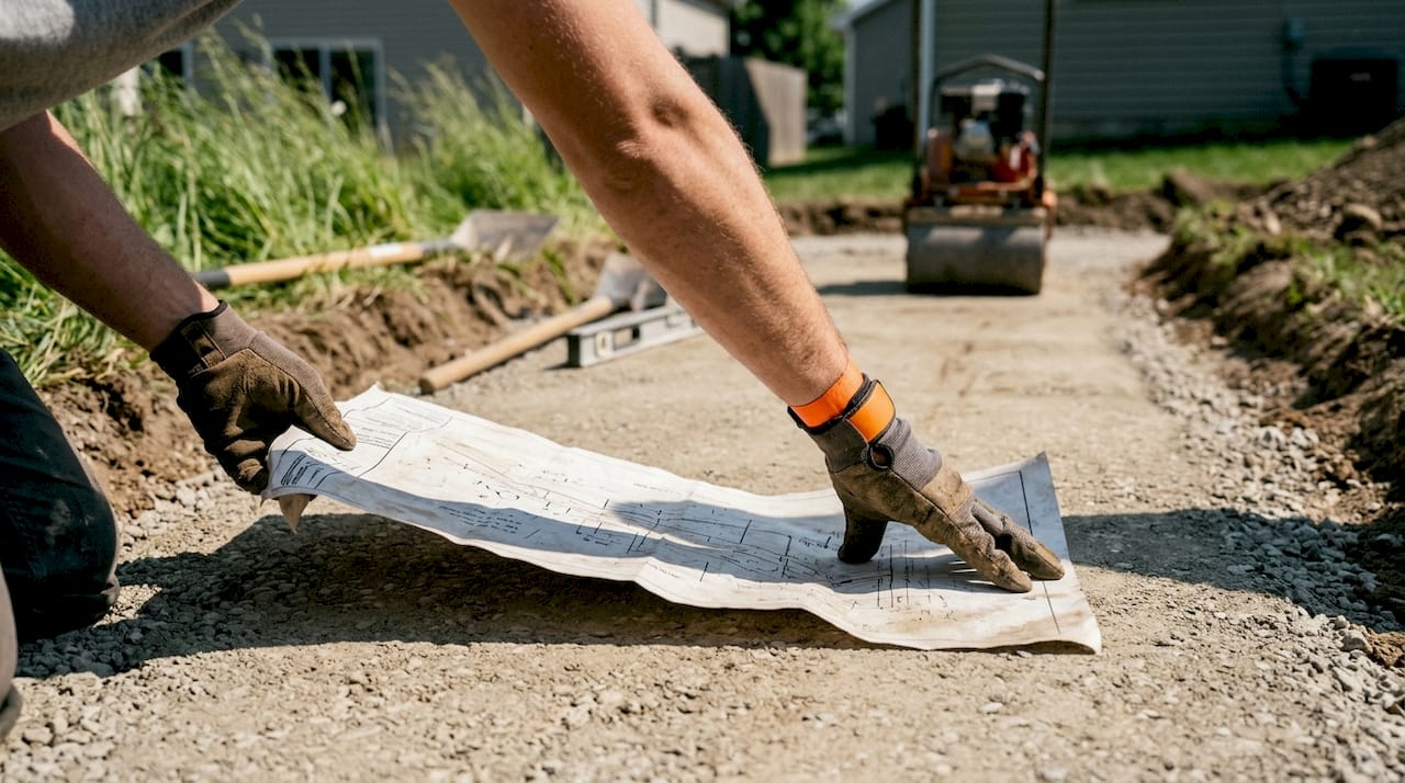 Hands holding drainage plan over gravel base preparation