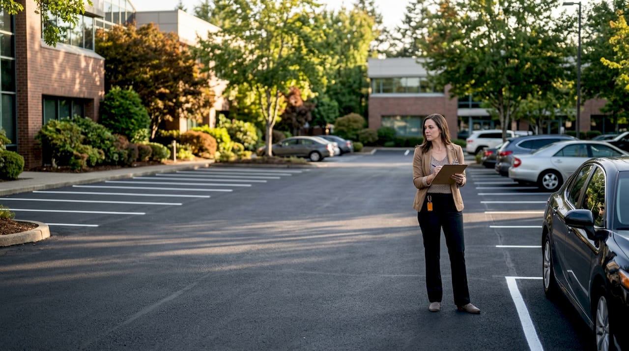 Property manager inspecting commercial asphalt parking lot