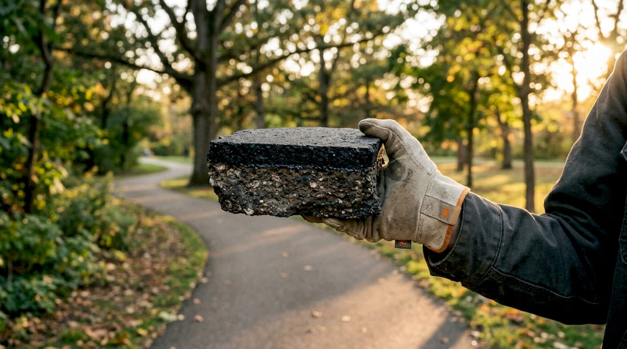 Close-up cross-section of asphalt overlay layers