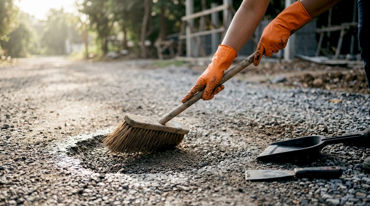 Hands cleaning pothole with broom before repair