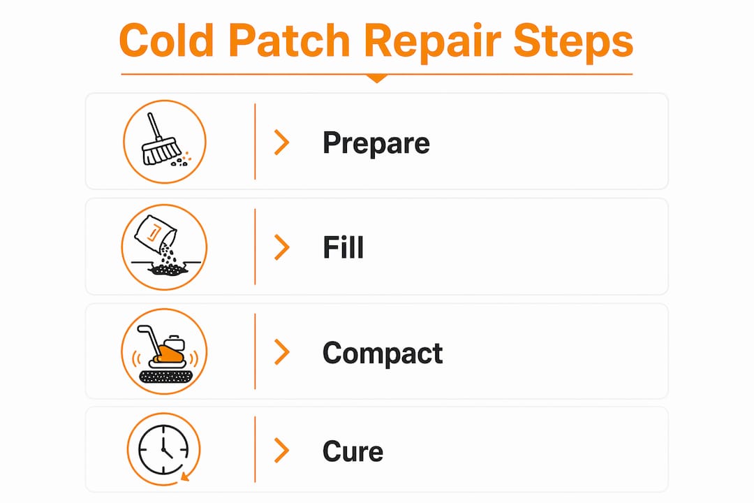 Infographic showing 4 steps of asphalt cold patch repair process