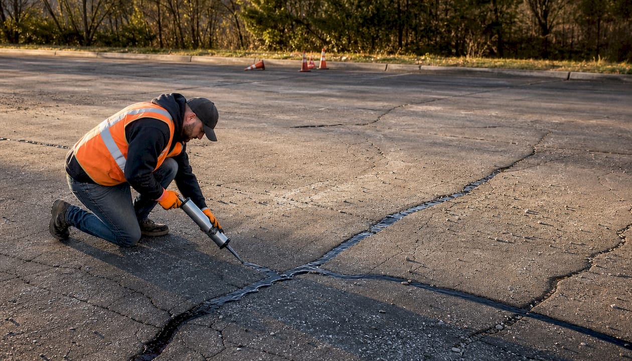 Close-up of large visible cracks on asphalt pavement with hand applying sealant