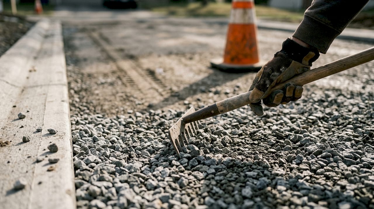 Close-up of crushed stone base material and worker hand