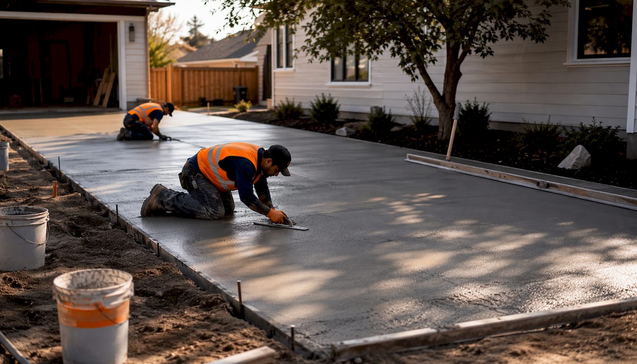 Workers smoothing freshly poured concrete driveway