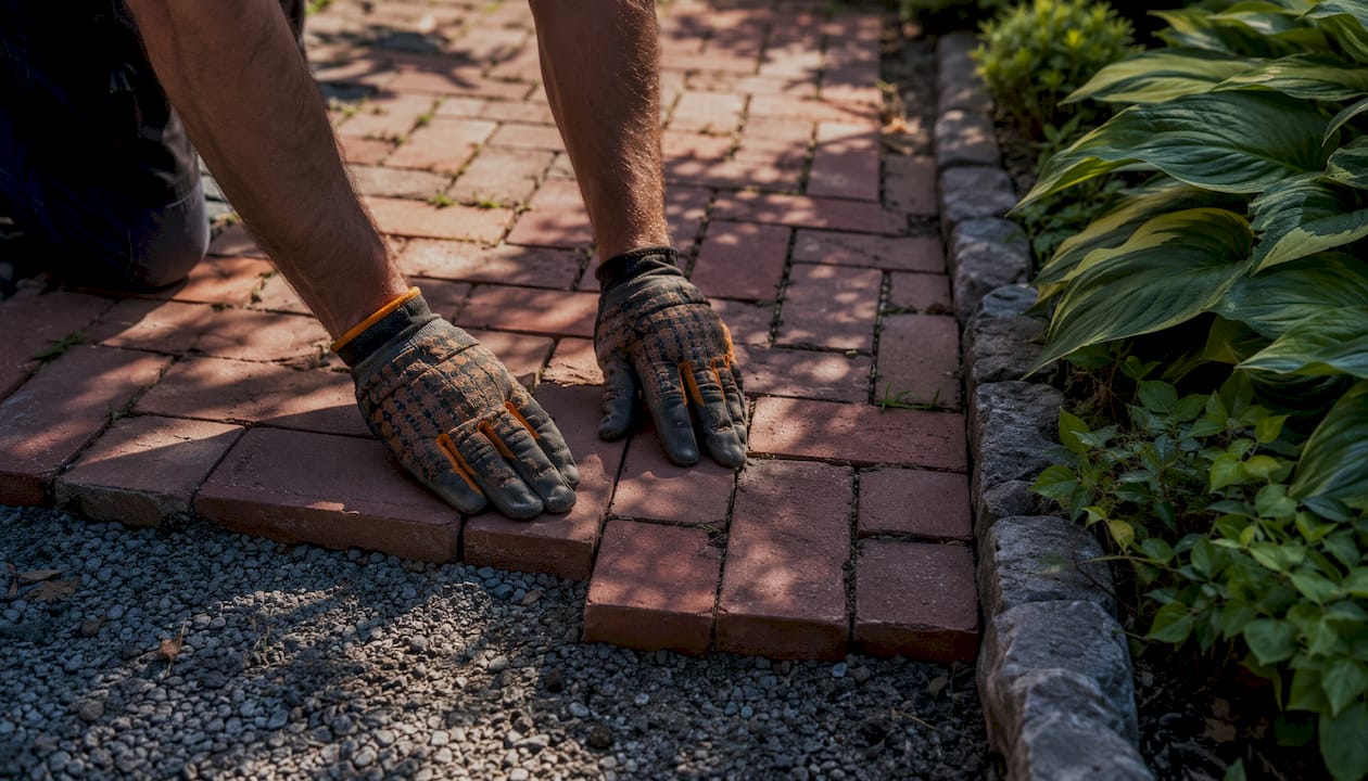Hands installing brick pavers on garden path