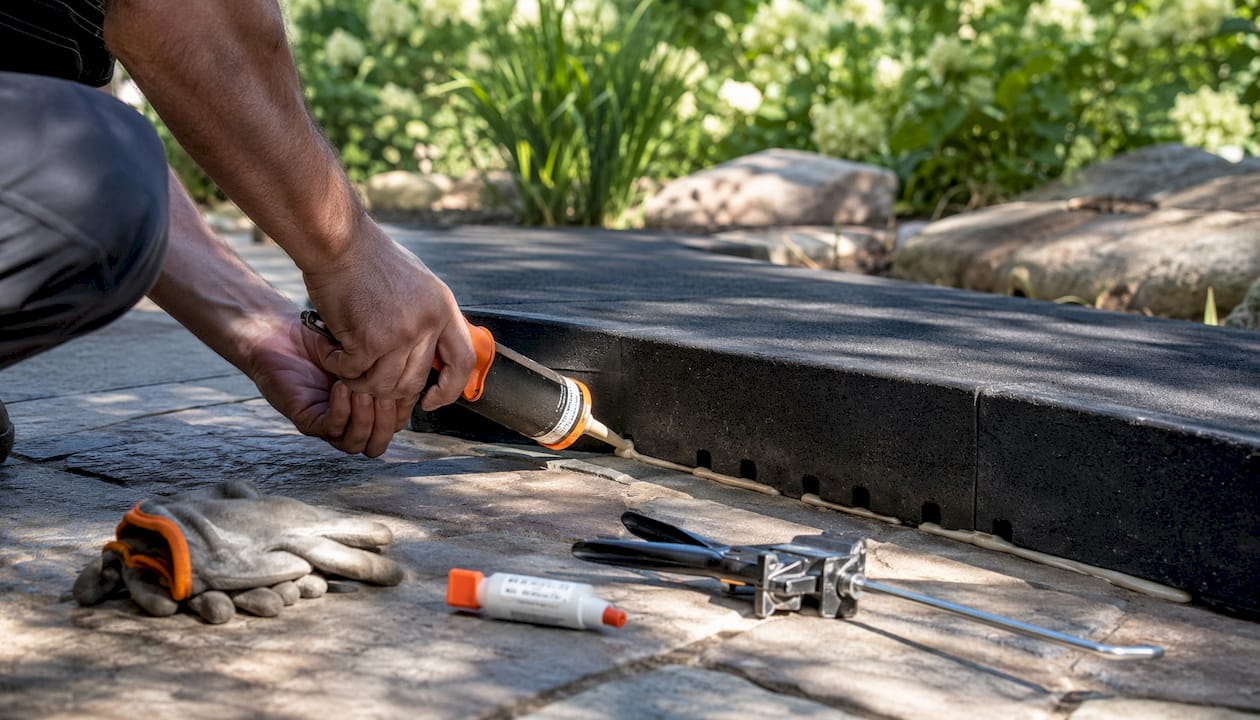 Hands applying adhesive under rubber modular ramp