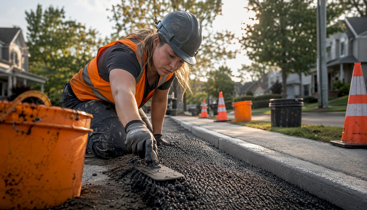 Installer smoothing poured rubber compound on curb
