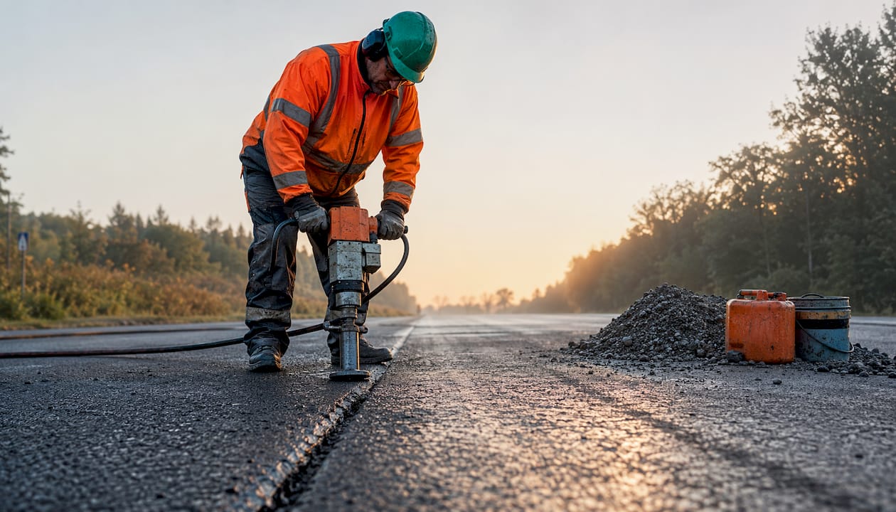 Worker compacting asphalt joint with pneumatic tamper