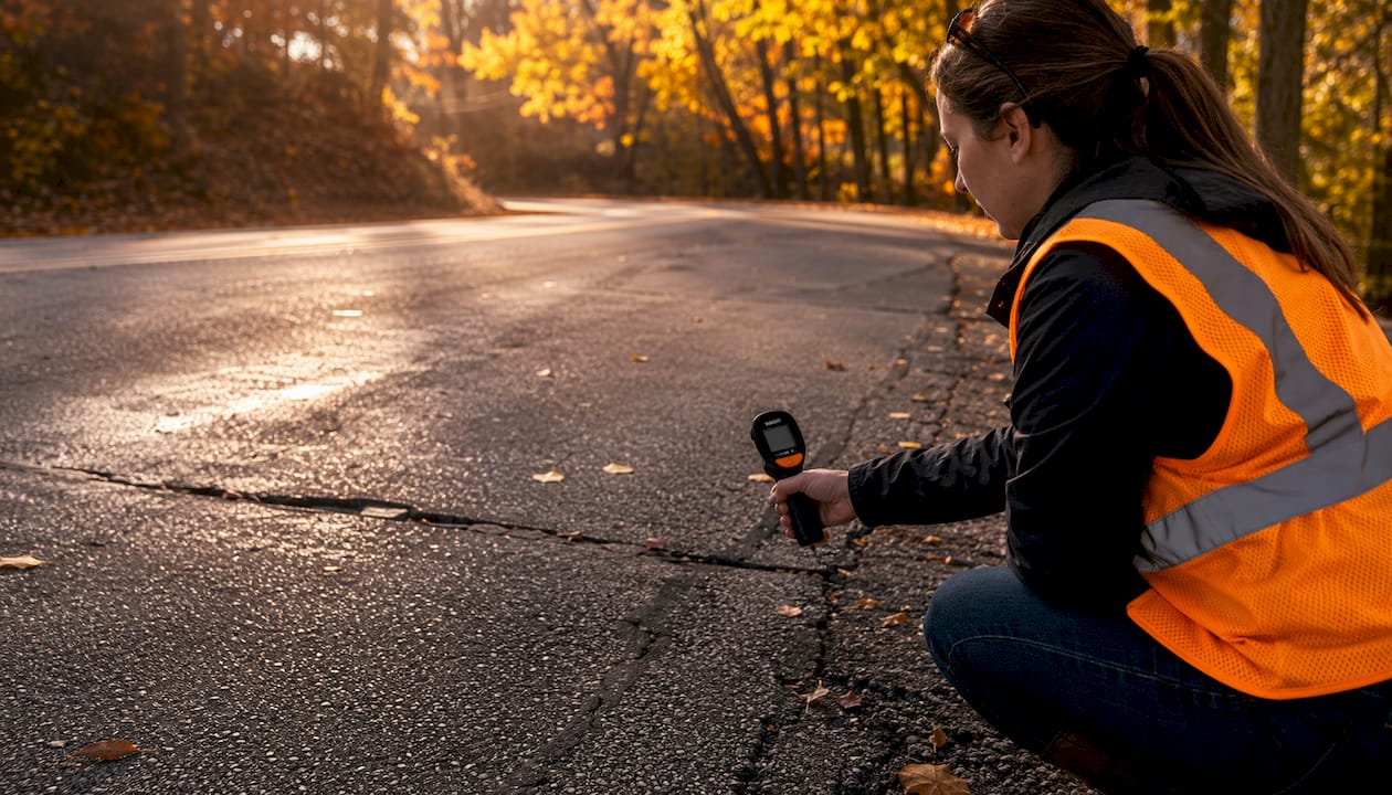 Technician checking frost and cracks on asphalt joint