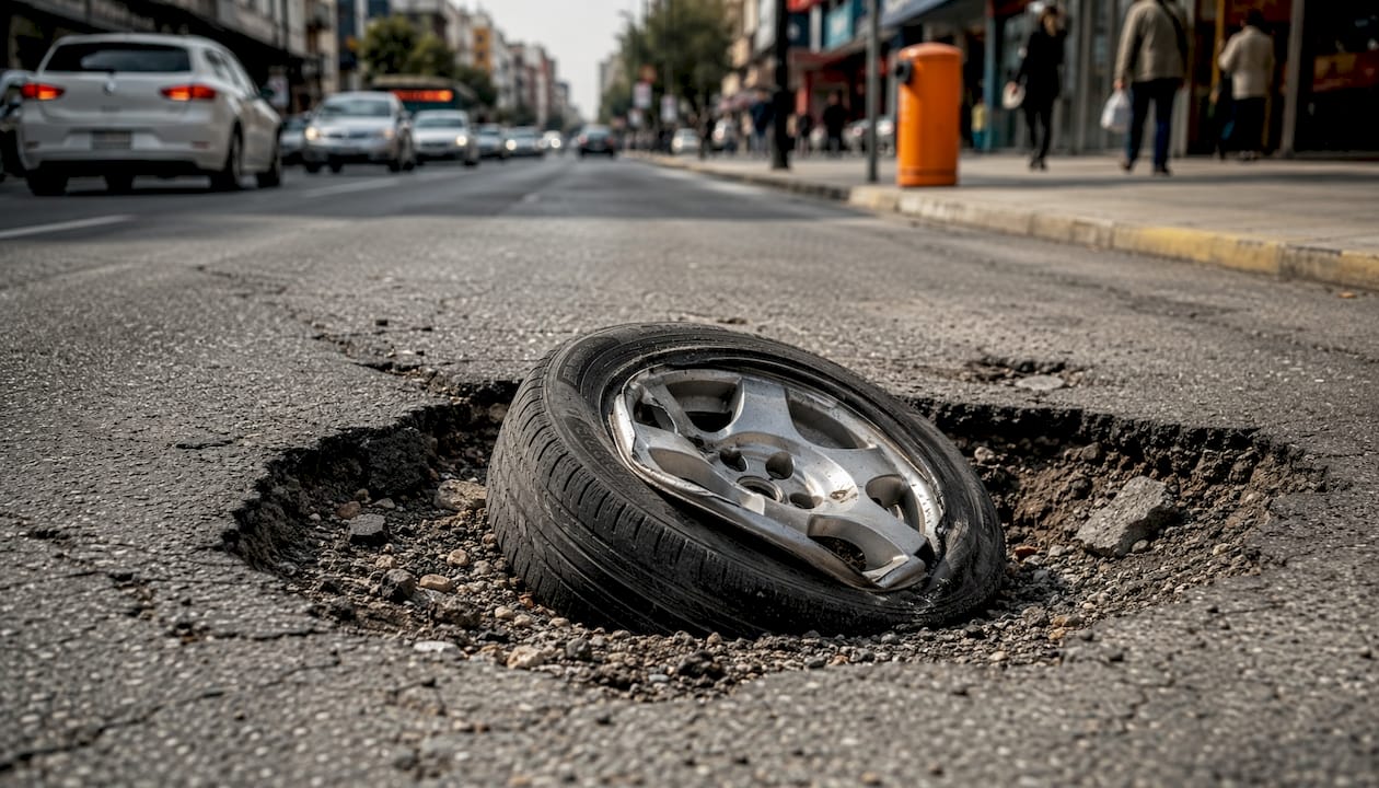 Car tire damaged inside pothole on road