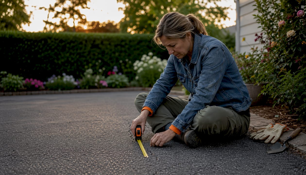 Woman inspecting cracked driveway asphalt