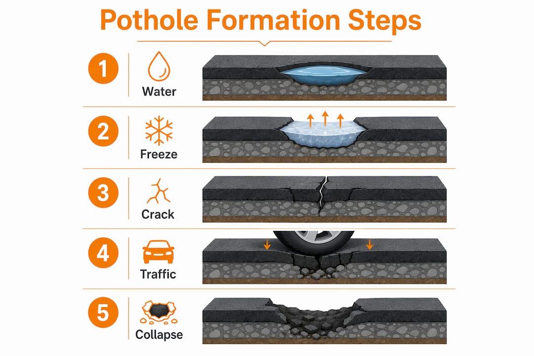 Infographic illustrating key steps in pothole formation