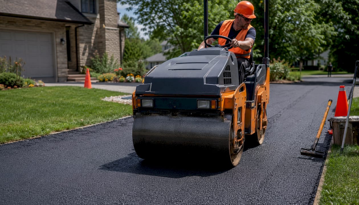 Worker compacting asphalt with roller on driveway