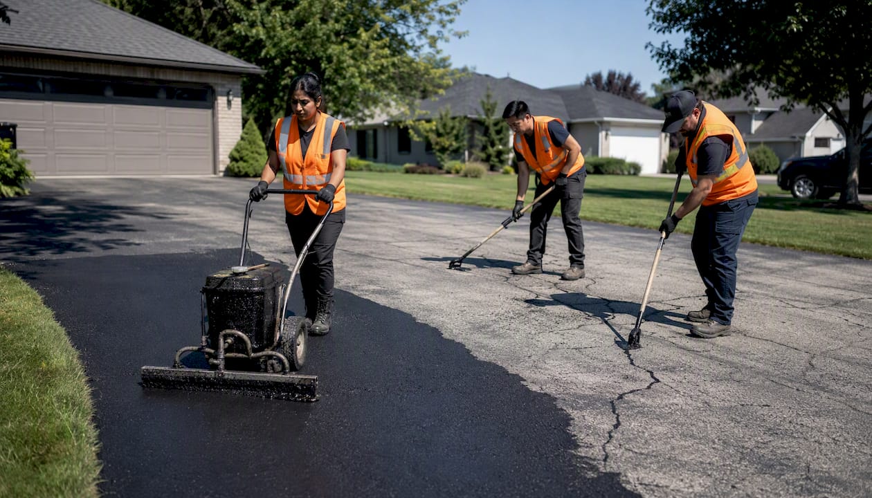 Diverse crew performing asphalt sealcoating and crack filling