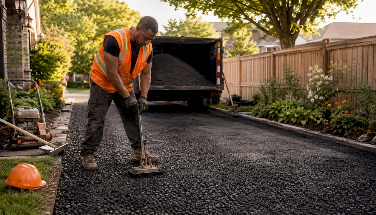 Contractor compacting recycled asphalt driveway outdoors
