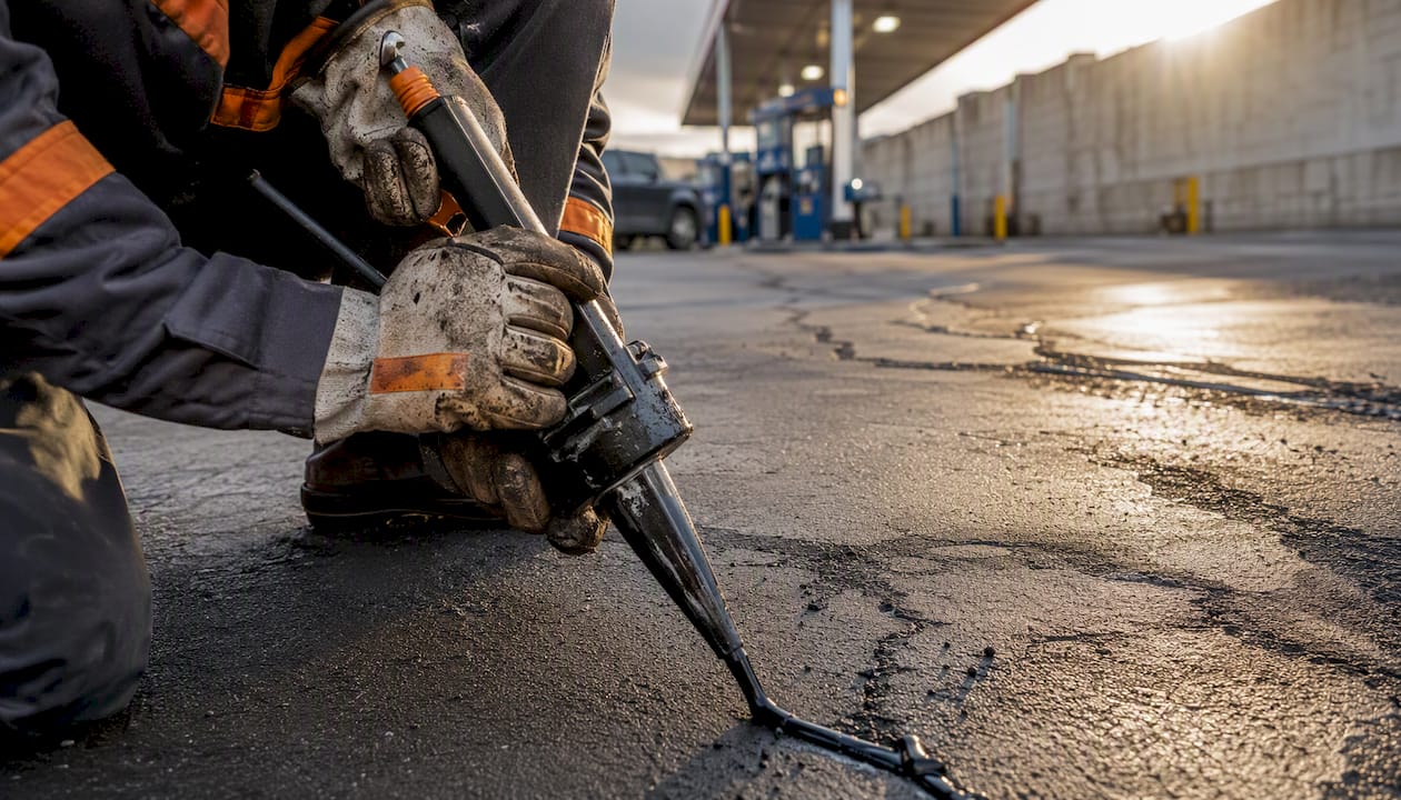 Hands applying asphalt crack sealant