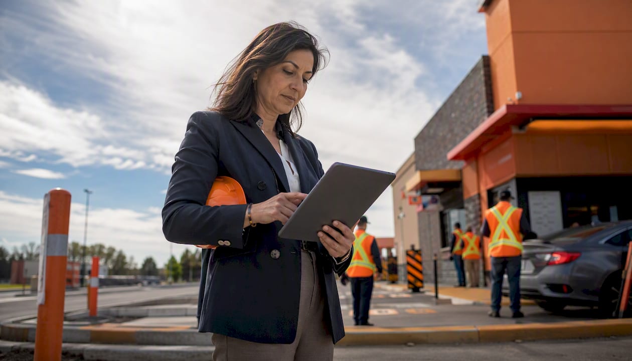 Project manager reviewing drive-thru maintenance schedule