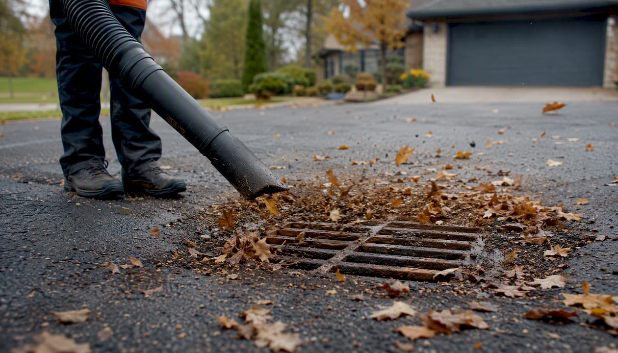 Clearing leaves from asphalt storm drain in fall