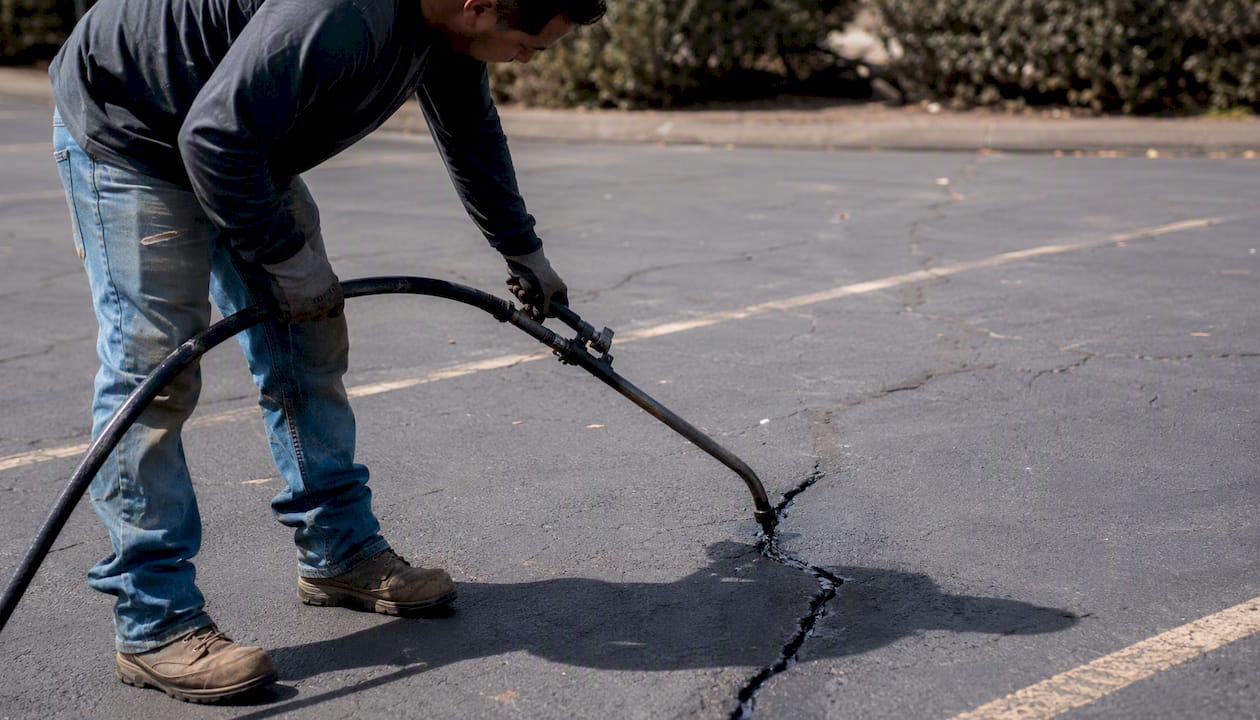 Technician applying hot rubberized crack filler