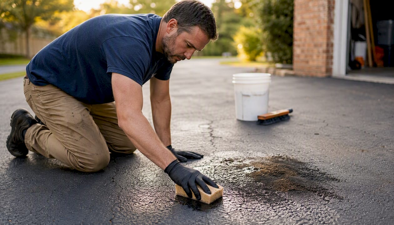 Applying degreaser to old oil stain on asphalt