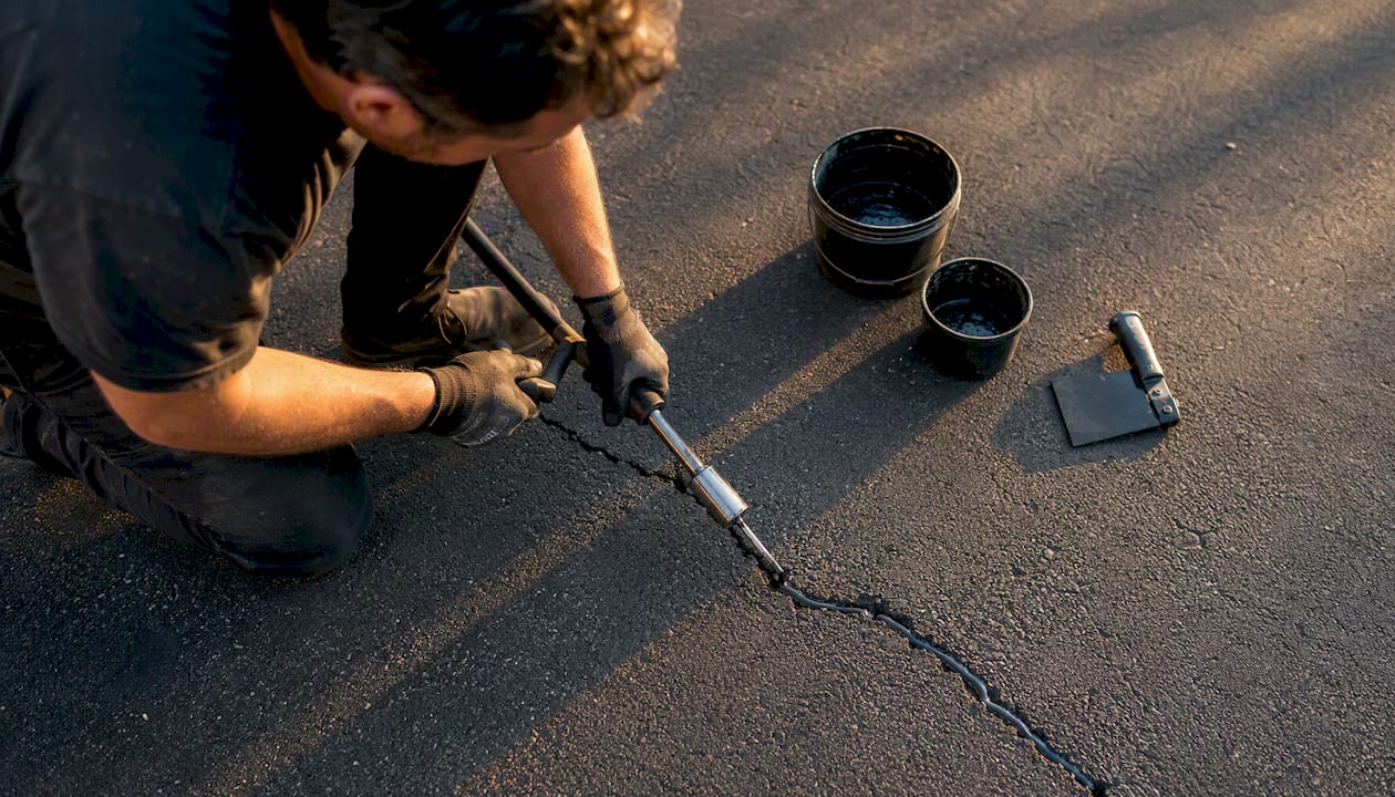 Close-up of asphalt crack filling being applied