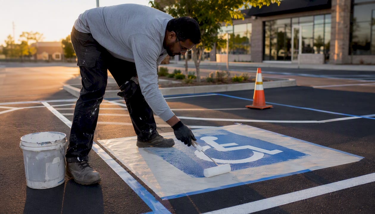 Worker painting line striping and ADA markings
