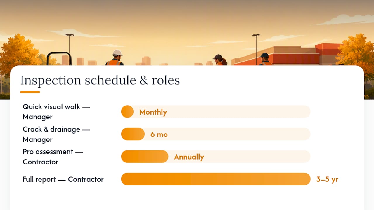 Chart of parking lot inspection types, frequency and responsible parties